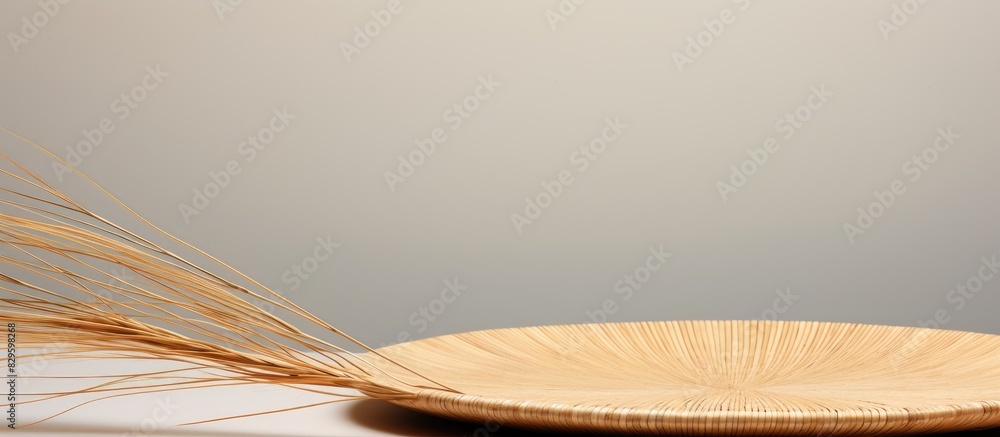 Poster a close up image showing a wickerwork saucer made from dry sedge on a white background with a textur