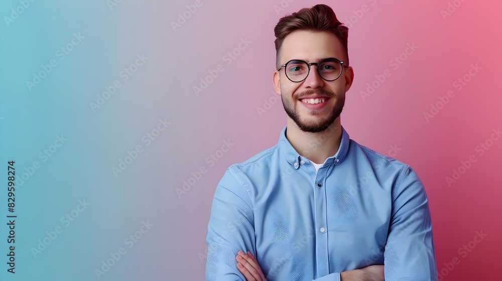 Wall mural young director of maintenance displays joy in colorful industrial setting