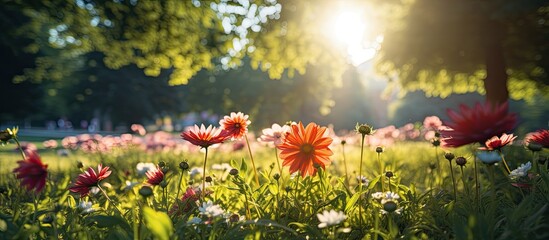 In Frankfurt s public park in Hesse vibrant flowers bloom under the summer sun creating a picturesque setting for a copy space image