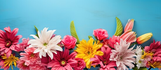 Colorful flower arrangement including pink gerbera daisy yellow easter lily red erica versicolor and pink carnation on a bright blue backdrop in a flat lay style with soft lighting ideal for copy spac