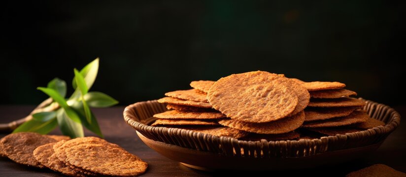 Traditional Indian snacks like ragi happala and nachni papad a type of crispy papad made with finger millet are displayed in the copy space image