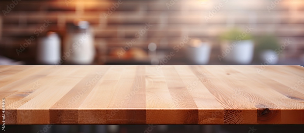 Poster blurry kitchen background with a wooden tabletop for product display or design with copy space image