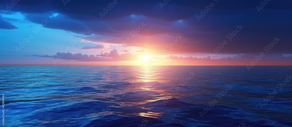 Poster sunset light illuminates the surface of the deep blue sea with a captivating view that offers a peac