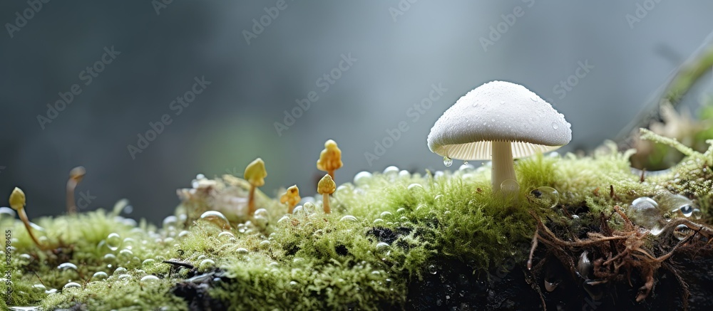 Poster mushroom in white on a lichen covered background with a copy space image