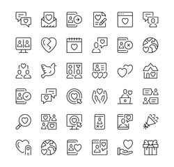Online dating icons set. Vector line icons. Black outline stroke symbols