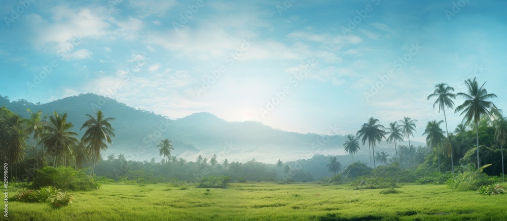 Poster natural landscape with palm trees and lush green leaves creating a picturesque view. copy space imag