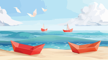 Bright color paper boats on sandy beach near sea Cartoon