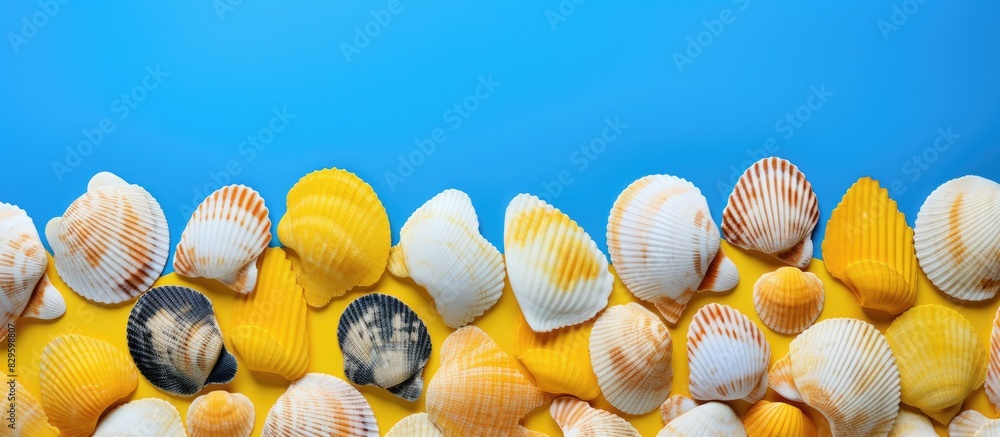Poster top view of a summer themed seashell pattern against a blue and yellow background with space for tex