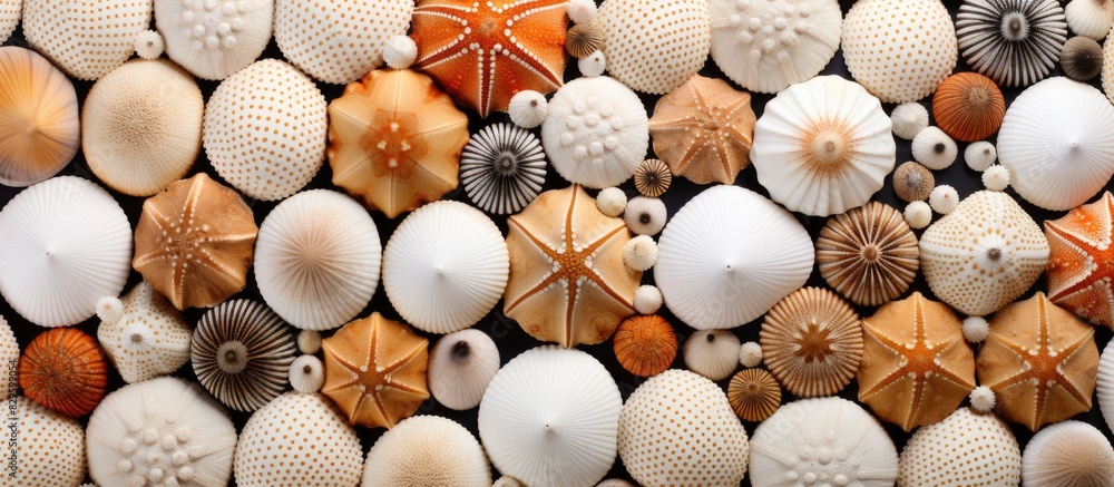 Poster a collection of sea urchin shells arranged as a natural background with copy space image