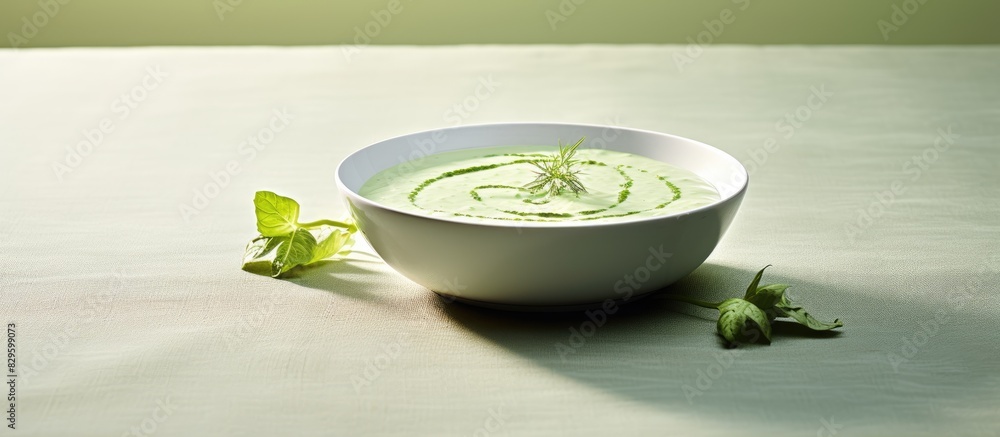 Poster chilled summer cucumber soup on a plate with plenty of copy space image