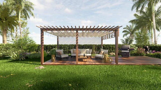 3D illustration clip of a luxury wooden teak deck with bbq grill and decor furniture. Front view zoom in shot of a wooden pergola in green garden.
