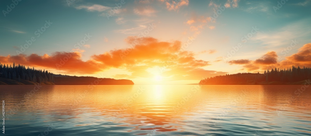 Aufkleber sunset at the lake with a beautiful view of the sun setting on the horizon creating a picturesque sc