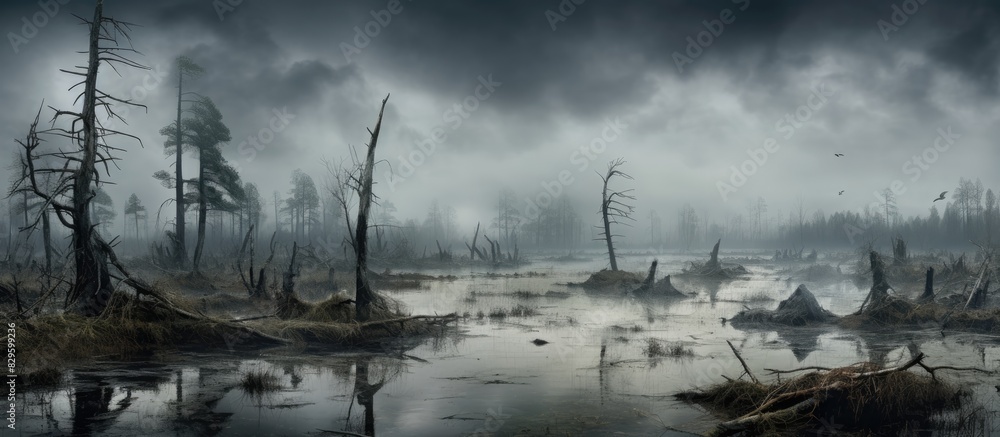 Aufkleber on a cloudy winter day in the swamp water is raised high. copy space image. place for adding text an
