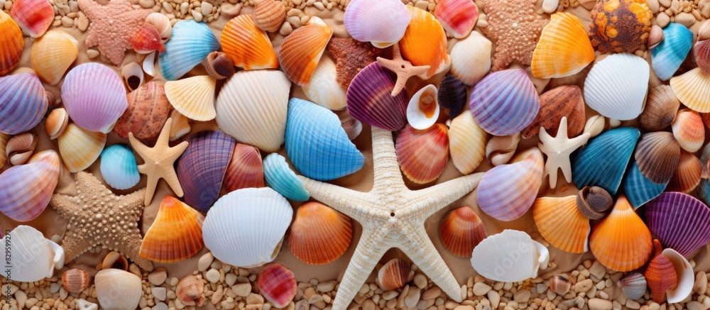 Poster colorful background displaying seashells from the beach with an area reserved for text or images kno
