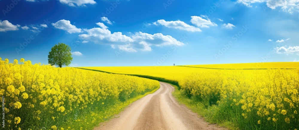 Poster blooming rapeseed field with a country road creating a springtime and summer border with a dirt road