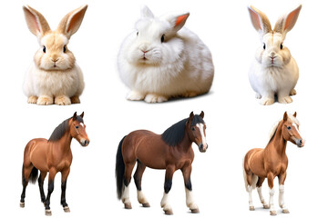 Fototapeta premium A set of horses and rabbits, PNG with transparent background, AI