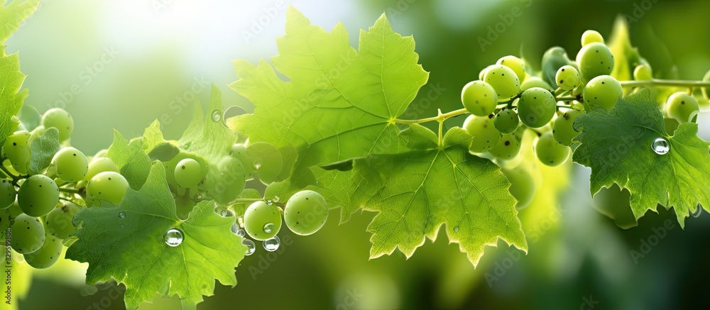 Poster a close up image showing downy mildew on green grape leaves with copy space