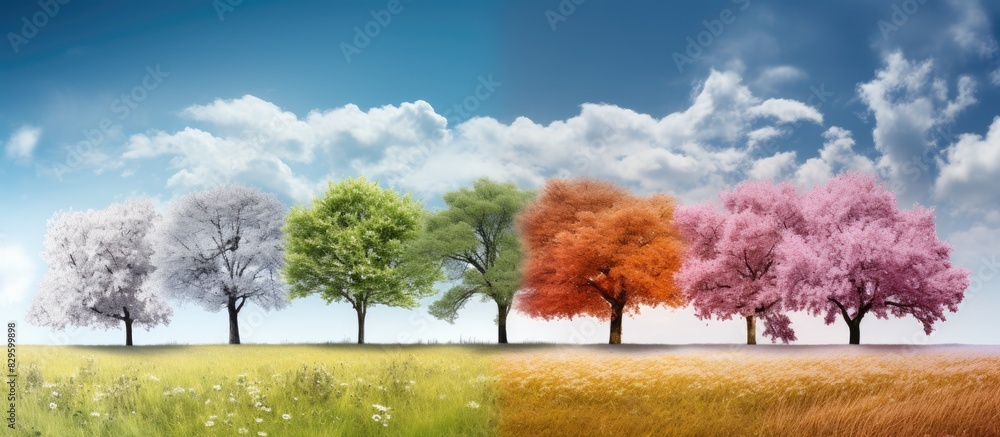 Poster transitioning from winter to spring and summer brings a shift in seasons with vibrant colors and var