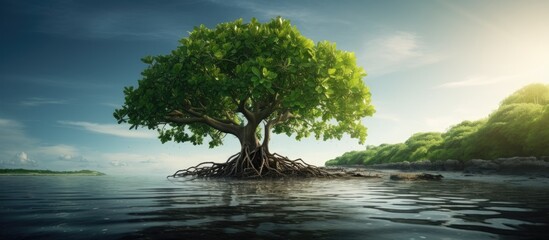 A mangrove tree with a sign displaying its scientific name providing a reference point for the viewers in the copy space image