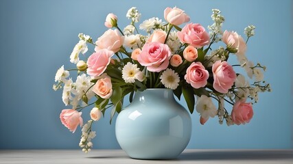 Bouquet of flowers in a light blue vase, spring or Mother's Day motif