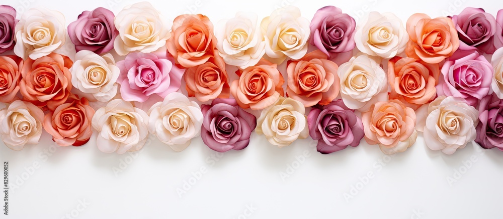 Poster top view mockup showcasing a floral pattern of roses on a white background with ample copy space ima