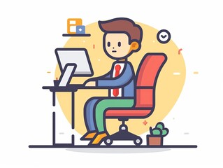 A man is sitting at a desk with a computer and a potted plant