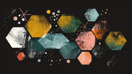 Retro Color Tones In Abstract Design With Dynamic Brush Strokes And Pentagon Shapes Grainy Texture Simple Designs