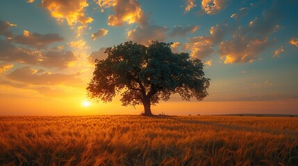 A lone tree standing in a field of wheat, its silhouette a testament to the beauty of nature.