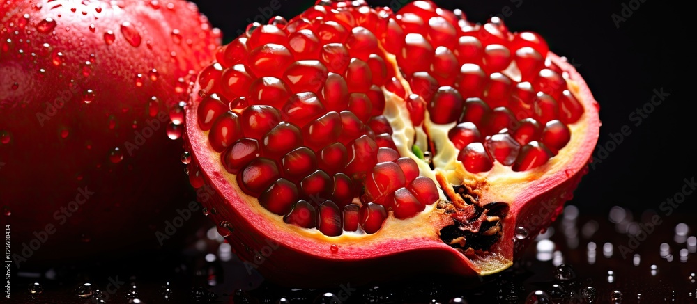 Poster a juicy red fruit with seeds on the outside commonly used in desserts. copy space image. place for a