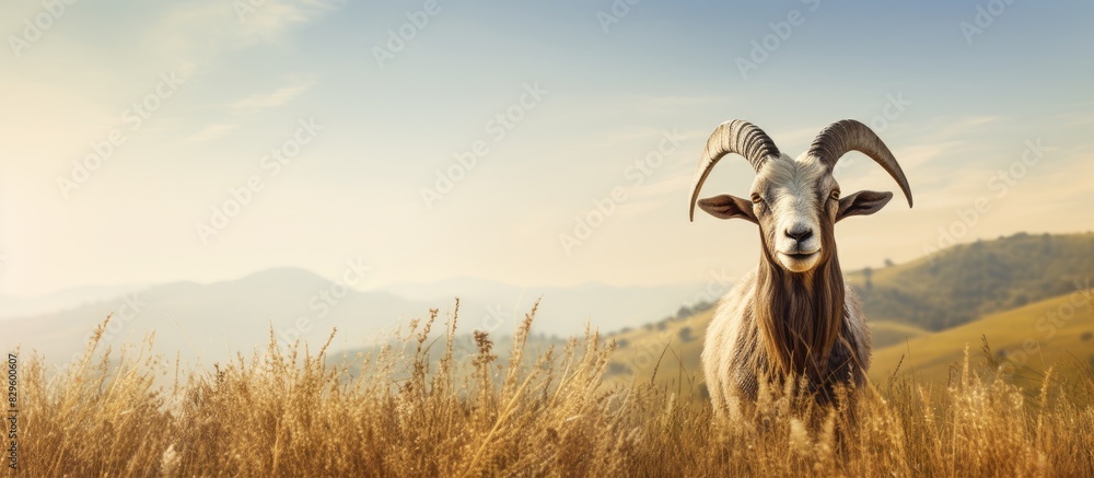 Poster an image showing a goat with antlers in a scenic pasture with copy space image