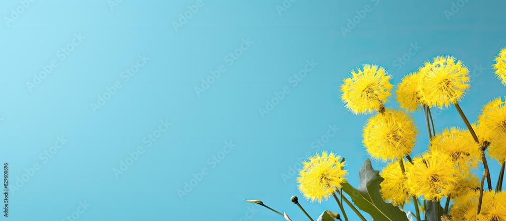 Poster spring flowers such as a yellow dandelion set against a blue backdrop provide a perfect copy space i