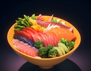 A bowl of sushi with various types of fish, including salmon, tuna, and yellowtail, along with broccoli and asparagus. Cartoon style.