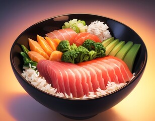 A bowl of sushi with salmon, raw fish, vegetables, and broccoli on top of rice. Cartoon style.