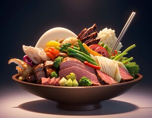 A bowl of Japanese food with various ingredients, including meat, vegetables, and noodles, is presented in a dark bowl. Cartoon style.