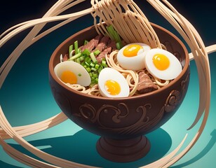 A bowl of ramen with four boiled eggs and a bunch of green onions. Cartoon style.