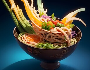 A bowl of noodles with vegetables and herbs, set against a blue background. Cartoon style.
