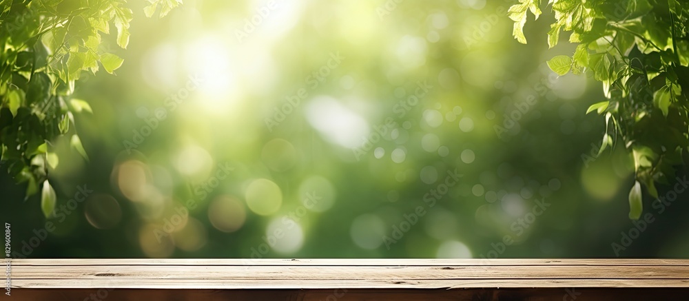 Poster blurry curtain backdrop and green garden abstract reflections with sunlight on an empty wooden table