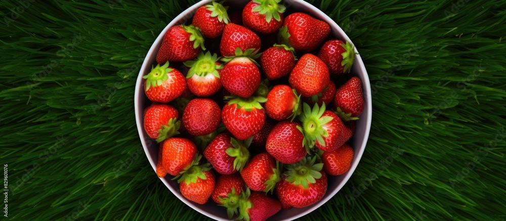 Poster strawberries arranged in a basin on green grass with copy space image