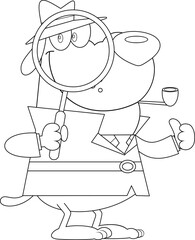Outlined Detective Dog Cartoon Character Holding A Magnifying Glass And Showing Thumbs Up. Vector Hand Drawn Illustration Isolated On Transparent Background