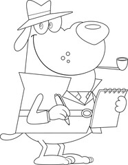 Outlined Detective Dog Cartoon Character Making Notes. Vector Hand Drawn Illustration Isolated On Transparent Background