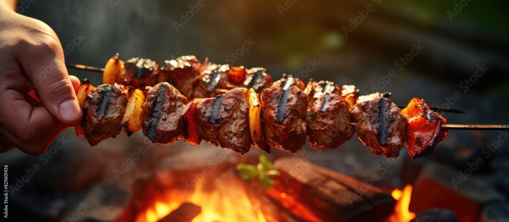 Poster fresh meats in hands prepared on skewers for a barbecue party with copy space image
