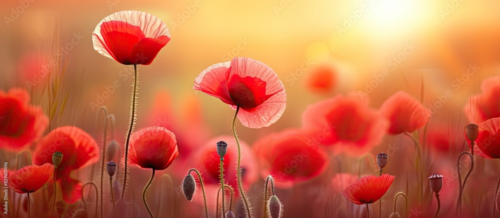 Poster bright evening light illuminates a field of vibrant red poppies creating a picturesque scene with co
