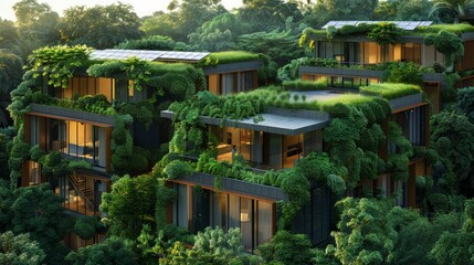 Obraz premium Sustainable Building Projects: Illustrate a sustainable building project with eco-friendly materials, green roofs, and solar panels.