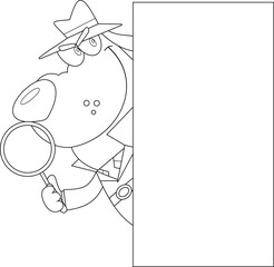 Outlined Detective Dog Cartoon Character With Magnifying Glass Peeking Out Corner. Vector Hand Drawn Illustration Isolated On Transparent Background