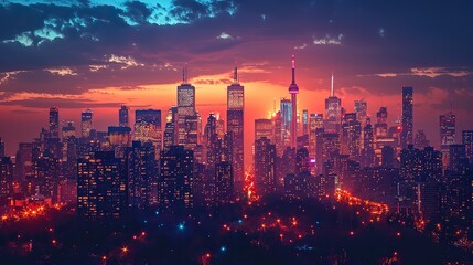 Obraz premium The silhouette of a city skyline, with towering buildings outlined against the glow of streetlights.