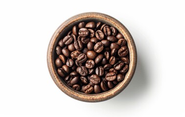 Fototapeta premium Top View of Freshly Roasted Coffee Beans in a Rustic Ceramic Bowl Isolated on White Background