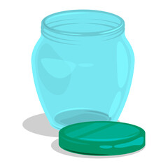 Empty opened glass jar for canning and food storage. Summer harvest and preparation of food stocks for winter. Cartoon vector isolated on white background