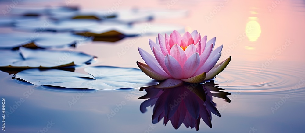 Poster lotus or waterlily gracefully floating on the serene lake with a tranquil backdrop and ample copy sp