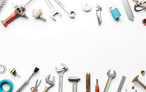 Various types of tools on a table, knolling style on white background