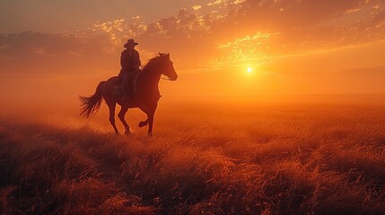 The silhouette of a horse and rider galloping across an open plain, their movements swift and sure against the horizon.